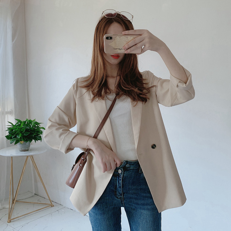 Thin paragraph chic small suit jacket woman 2022 new spring autumn season Korean version Fashion medium long version loose casual Western suit