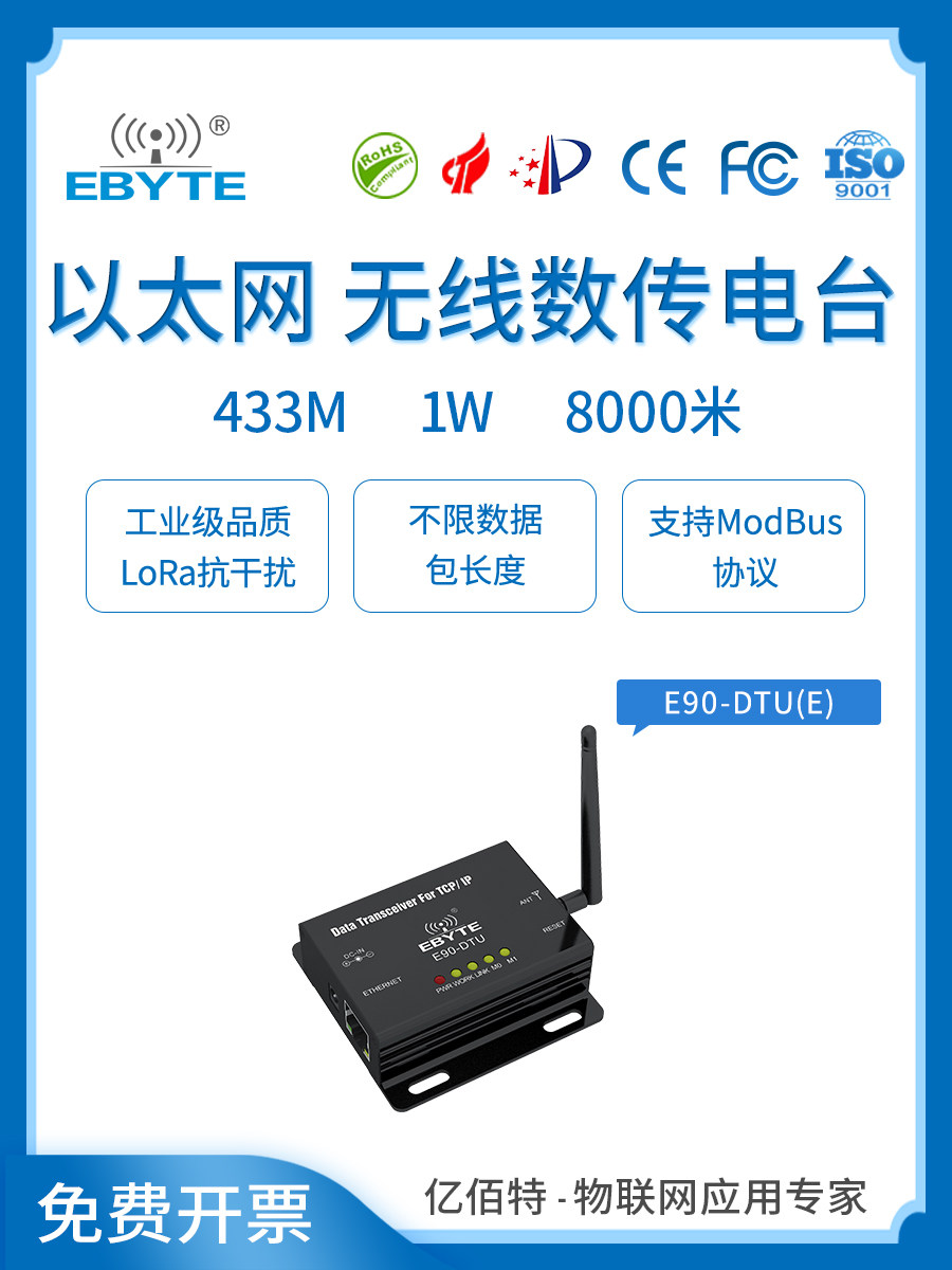 Ethernet 433M Wireless Data Radio SX1278 Serial server RS485 RS232 Network interface DTU module