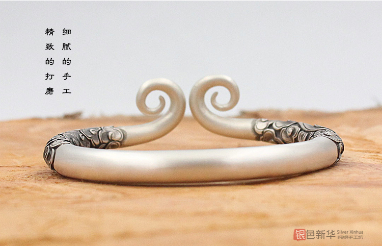 Vòng tay bạc 999 sterling ước vàng hoop vòng đeo tay lớn Saint Sun Wukong handmade clasp vòng tay đôi vòng cuff bạc