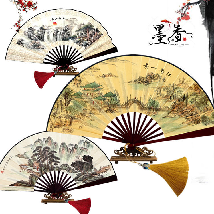 Antique folding fan red gold tassel crown pendant 10 inches 8 inches children's dance costume scenery double-sided cloth fan bamboo fan