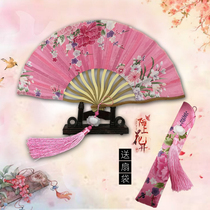 6 inch performance cloth folding fan ancient style crown long tassel Chinese style womens childrens portable head bamboo small folding fan