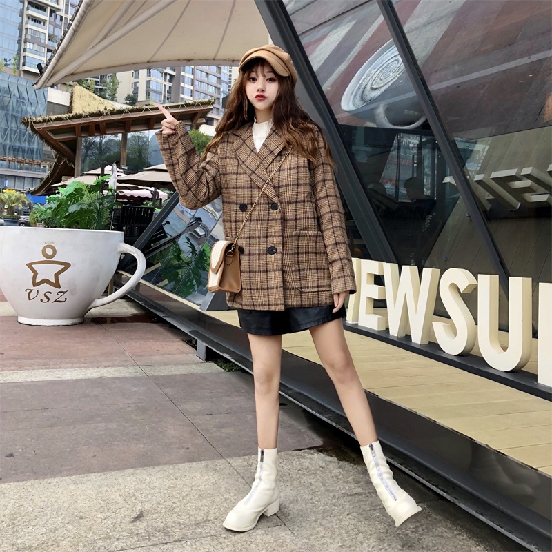 Bộ đồ len nhỏ nữ 2018 thu đông mới eo thon mỏng kẻ sọc retro kẻ sọc nhỏ phù hợp với áo khoác nữ áo dạ nữ