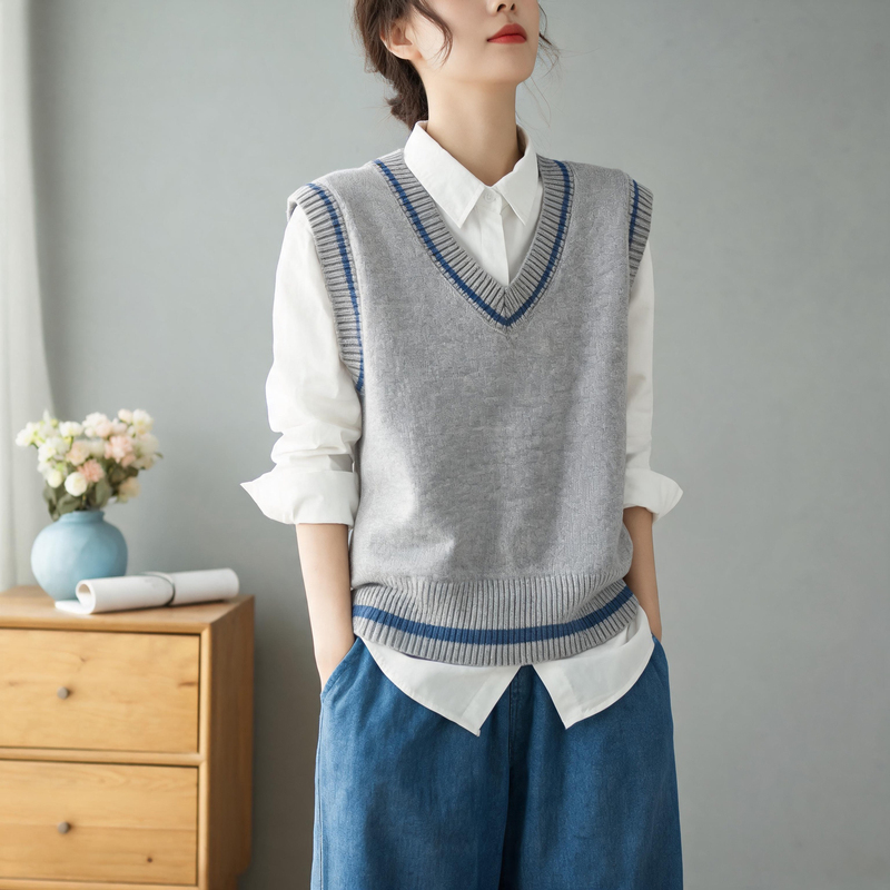 V-Neck Knitted Vest for Women 2026 Autumn and Winter New Korean Style Age-Reducing Loose Slimming Layered Sweater Vest Vest V-Neck Knitted Vest for Women 2026 Autumn and Winter New Korean Style Age-Reducing Loose Slimming Layered Sweater Vest Vest