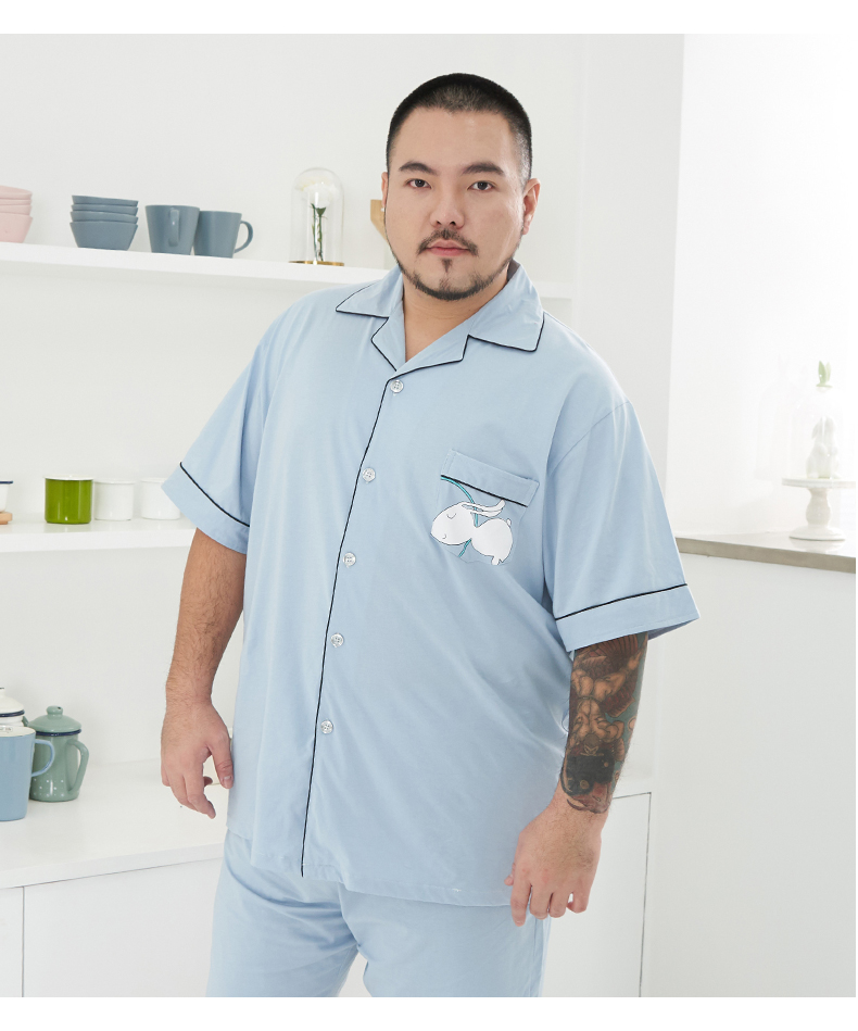 Mùa hè của Nam Giới Cộng Với Phân Bón Tăng Hàn Quốc Mở Bông Ve Áo Béo Extra Large Đồ Ngủ Bộ Dịch Vụ Nhà đồ ngủ nam thu đông