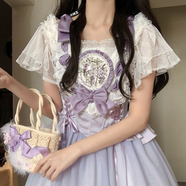 Ballet lolita lace gauze ອ່ອນຢູ່ໃນກະຈົກກັບເສື້ອ lolita ແຂນສັ້ນໃນລະດູຮ້ອນ