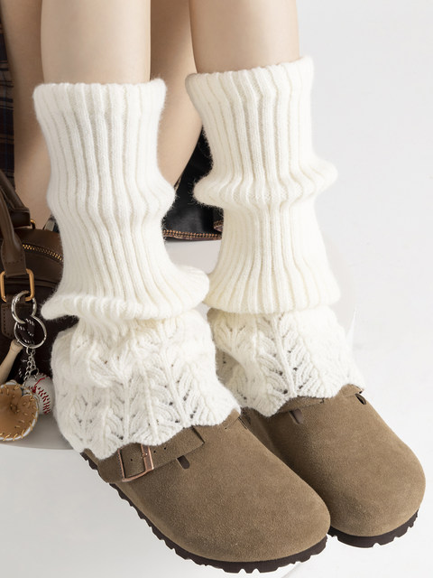 Brown socks piles of socks hollow lace women's winter warm knitted white calf covers sweet retro versatile boot covers