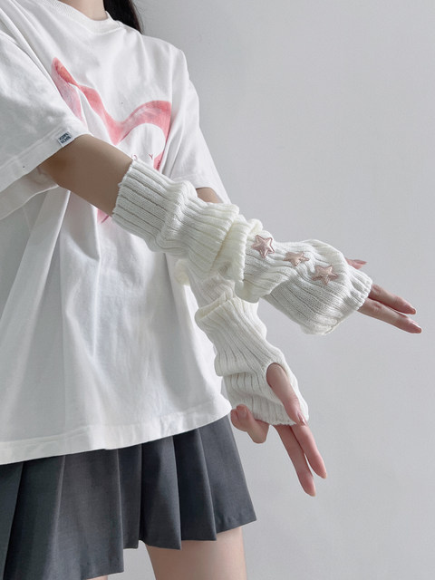 Jk fingerless gloves red sleeves sweet and cute girly wool knitted Christmas stars super fashionable arm sleeves