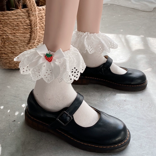 Милые японские кружевные носки, клубника, милая студенческая юбка в складку, стиль Лолита, кружевное платье
