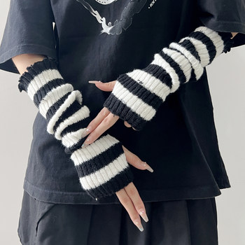 Lolita Striped Knitted Gloves for Women, Autumn and Winter Warm Woolen Arm Warmers, Japanese Style Hot Girl Subculture Arm Sleeves
