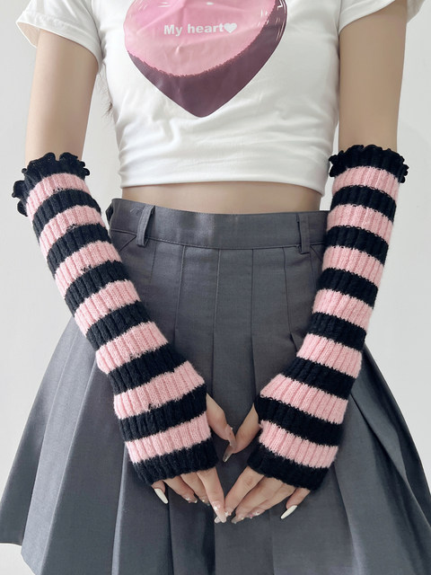 Striped knitted hand sleeves for women hottie sleeves autumn and winter warm Japanese subculture college style punk style woolen gloves