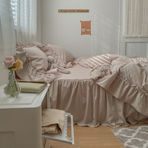ins Korean version of cotton washed cotton four-piece set Cotton ruffle embroidery quilt cover Princess sheets Li bedding