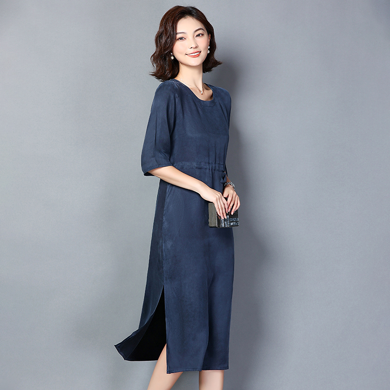 Heavyweight Real Copper Ammonia Silk Mother's Dress, Loose Fit, Slimming, Elegant, Solid Color, Waist-Cinching, Three-Quarter Sleeves, Short-Sleeved Long Dress for Summer