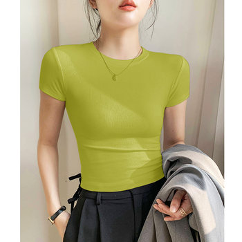 Avocado green 2023 summer round neck right shoulder short sleeve t-shirt women's summer slim short style thin threaded top