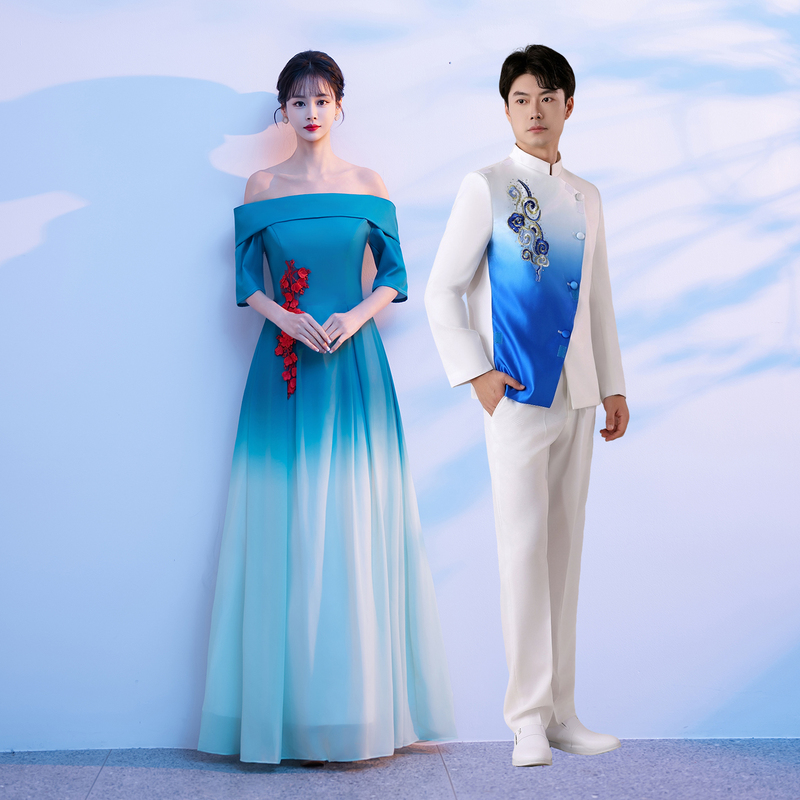 Blue One-Shoulder Choir Performance Outfit 2026 New Style Dress for Female Host and Dignified Conductor Men's Suit