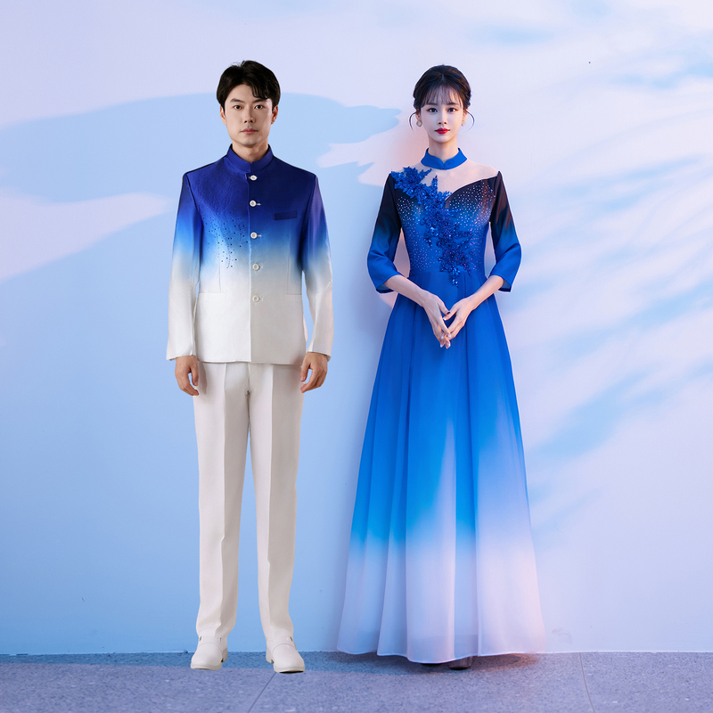 Choir Performance Costumes for Women 2026 New Blue Adult Stage Host Conductor Men's and Women's Suits and Dresses