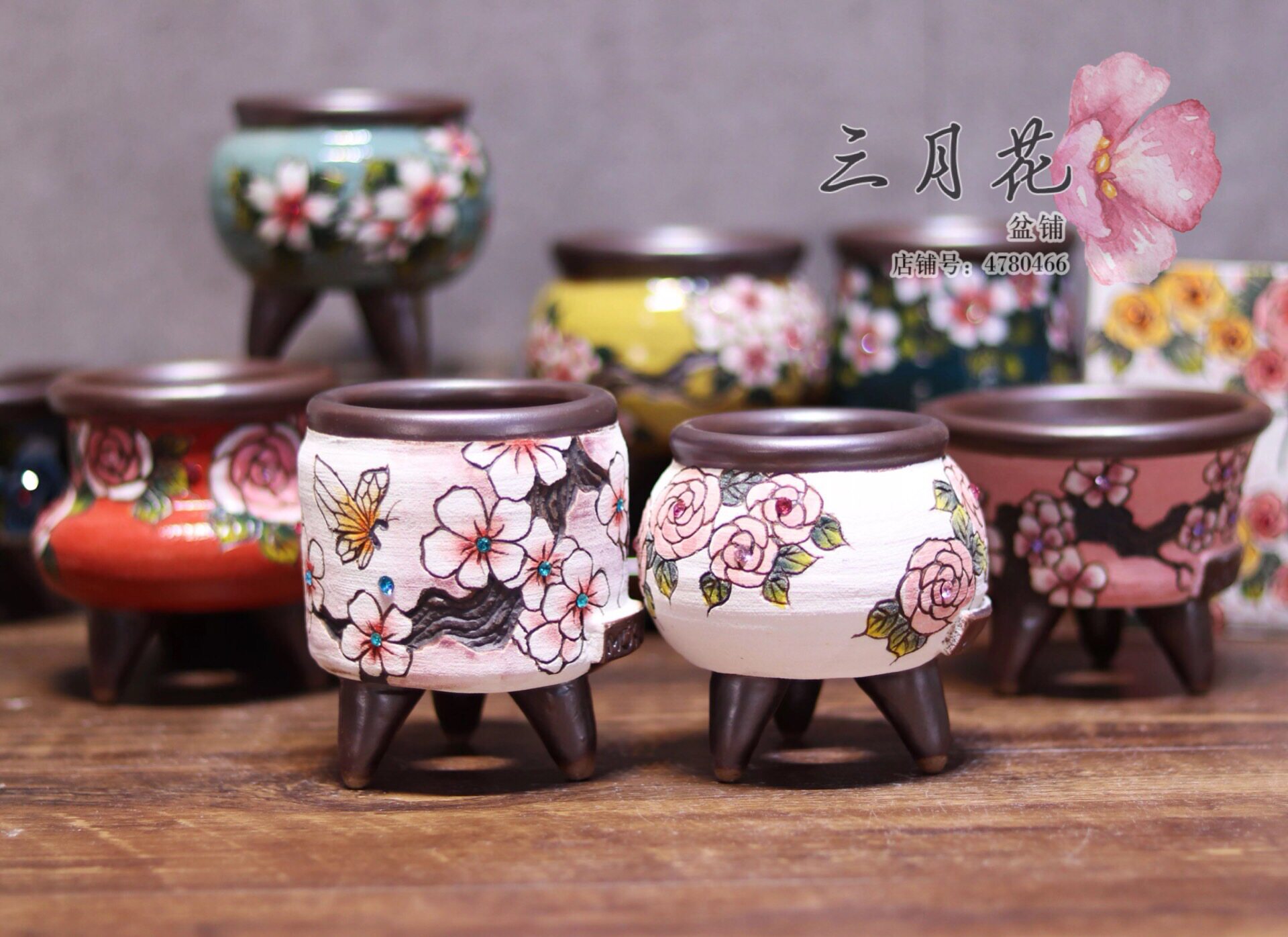 Korean coarse pottery hand carved frosted surface inlaid with diamonds fleshy flower pot Hand painted breathable high-legged small old pile group of large pots