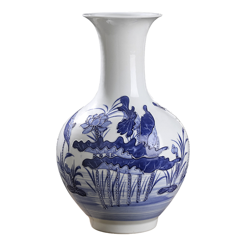 Jingdezhen ceramics hand - made reliefs of blue and white porcelain vase furnishing articles of Chinese style living room porch household flower decorations