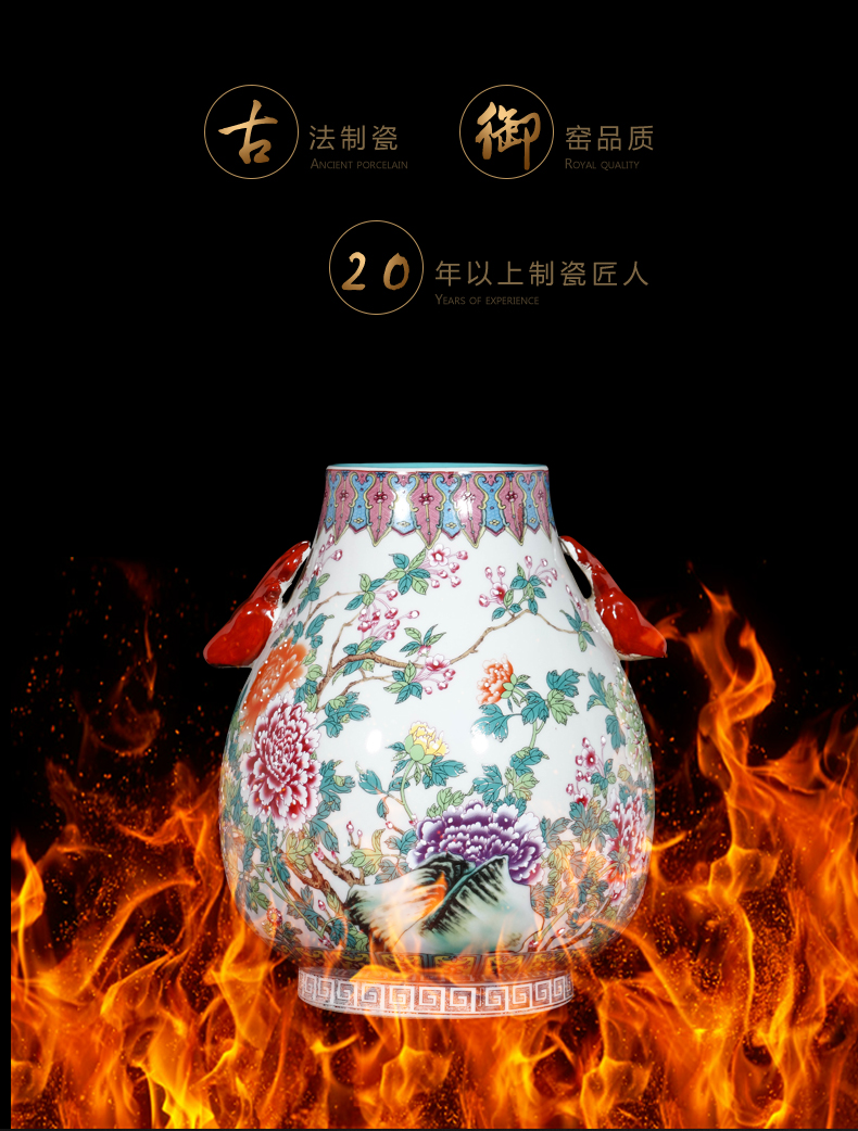 Jingdezhen ceramics imitation qianlong pastel ears vases, flower arranging furnishing articles of Chinese style classical living room decoration