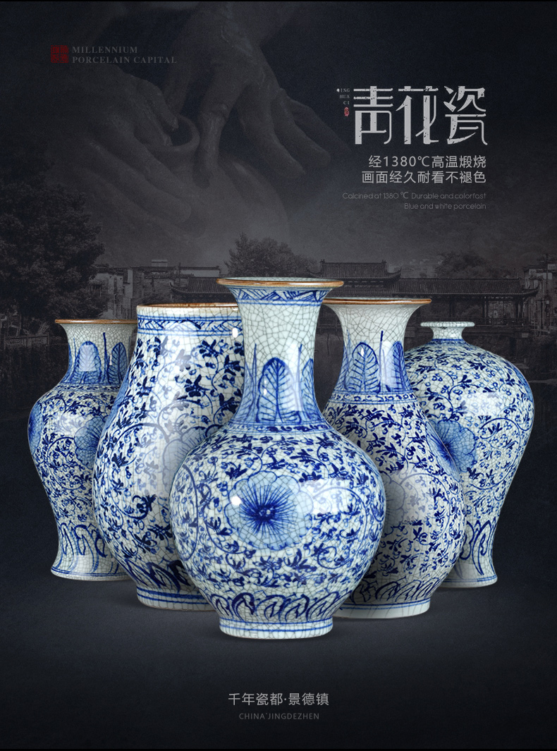 Jingdezhen ceramics Chinese style living room home wine ark, adornment furnishing articles antique hand - made crack blue and white porcelain vase