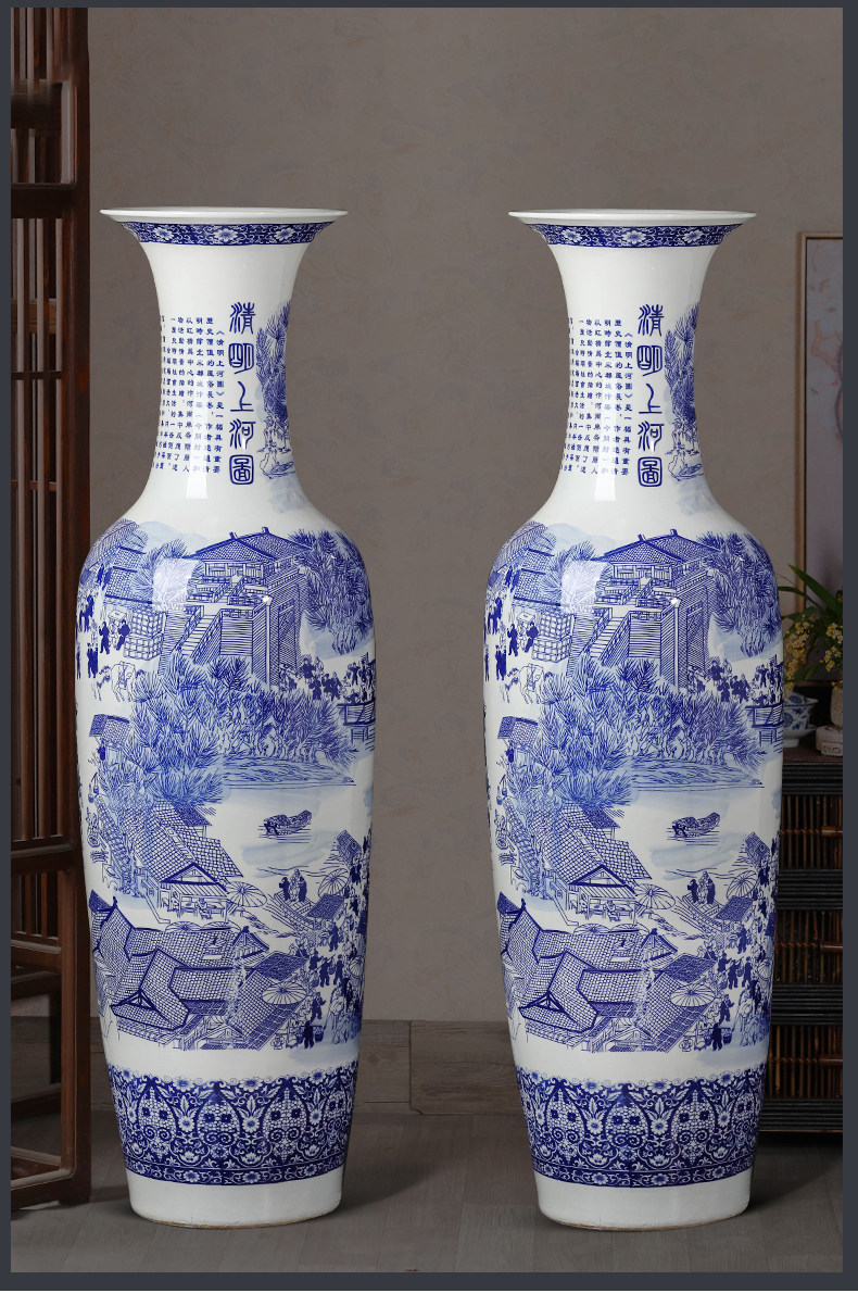 Blue and white porcelain of jingdezhen ceramics qingming scroll of large vases, Chinese style living room TV cabinet decorative furnishing articles