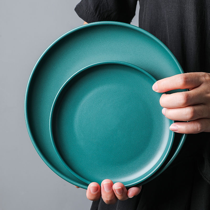 Nordic matte enrolled porcelain dinner plate, green household tableware round cake steak salad plate of pasta dishes