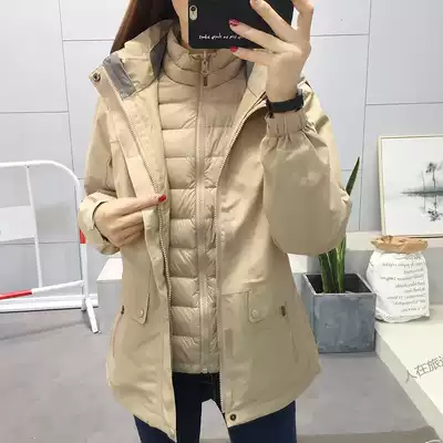 Medium and long version of the stormtrooper jacket female down inside wear-resistant windproof cold jacket Male mountaineering clothing two-piece set exploration extension