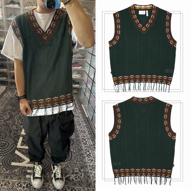 Trendy Brand Similar to Edison Chen's Style, Knitted Hollow-Out Vest, College Style Vest with Tassels, Sporty Retro Vest