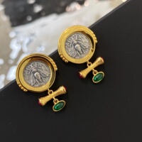 Light luxury custom-made emerald bee ancient coin earrings with full body 925 sterling silver + 18k real gold electroplating retro high-end feel