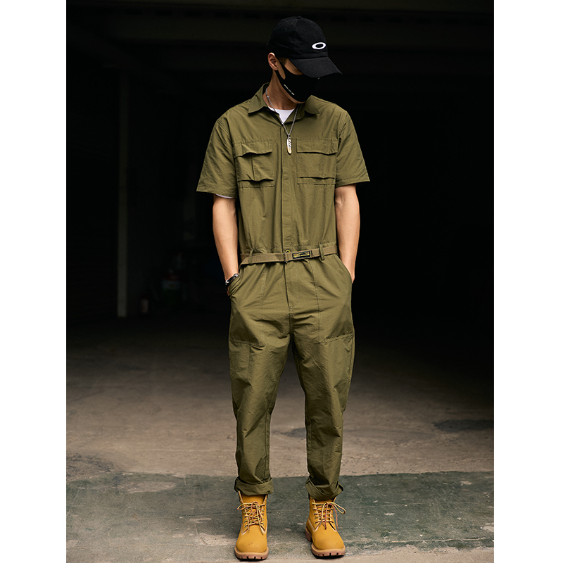 Retro Nostalgic Workwear Casual Jumpsuit Men's Summer Thin One-Piece Jumpsuit Short-Sleeved Suit Men's Jumpsuit