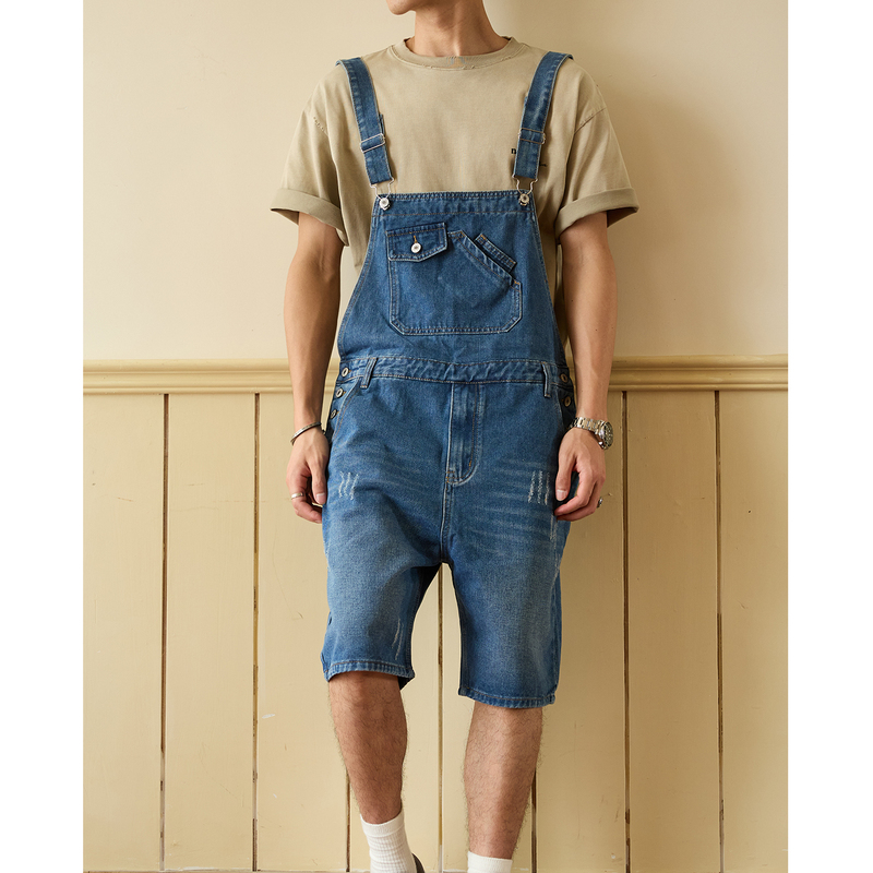 Vintage British Workwear Denim Shorts for Men, Trendy Loose Overalls, Unisex Couple Suspenders, Mid-Length Shorts