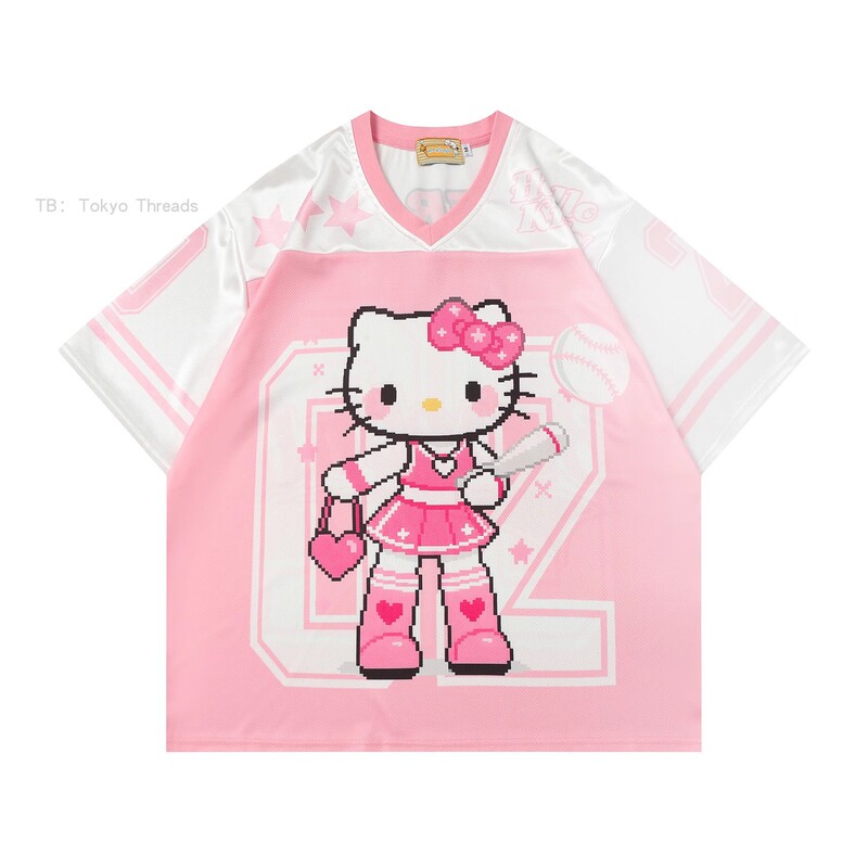 Whisper Niche Trendy Brand Collaboration Vintage Cartoon Print V-Neck Jersey Loose Casual Short-Sleeve T-Shirt