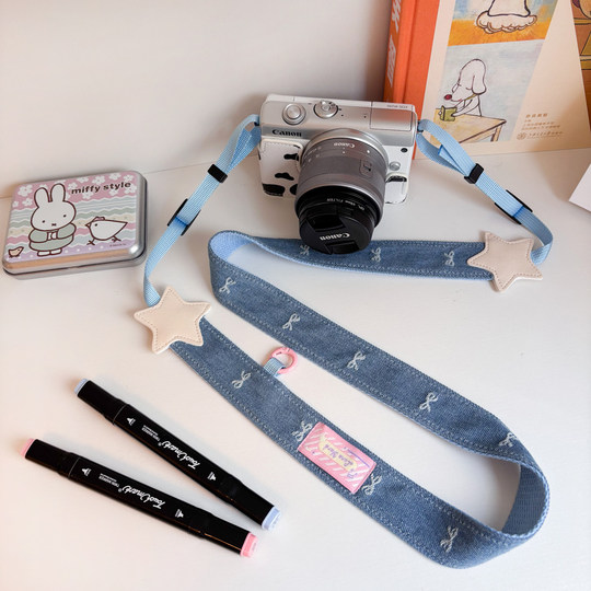 月亮公园丨原创牛仔蝴蝶结星星单反拍立得相机背带肩带斜跨挂绳