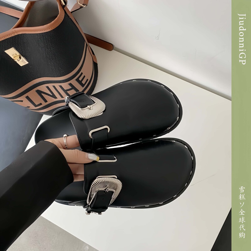 Japanese Gp Reba Style Half-Mule Closed-Toe Birkenstock Shoes for Outdoor Wear, Birkenstock Thick-Soled Studded Belt Buckle Sandals for Women