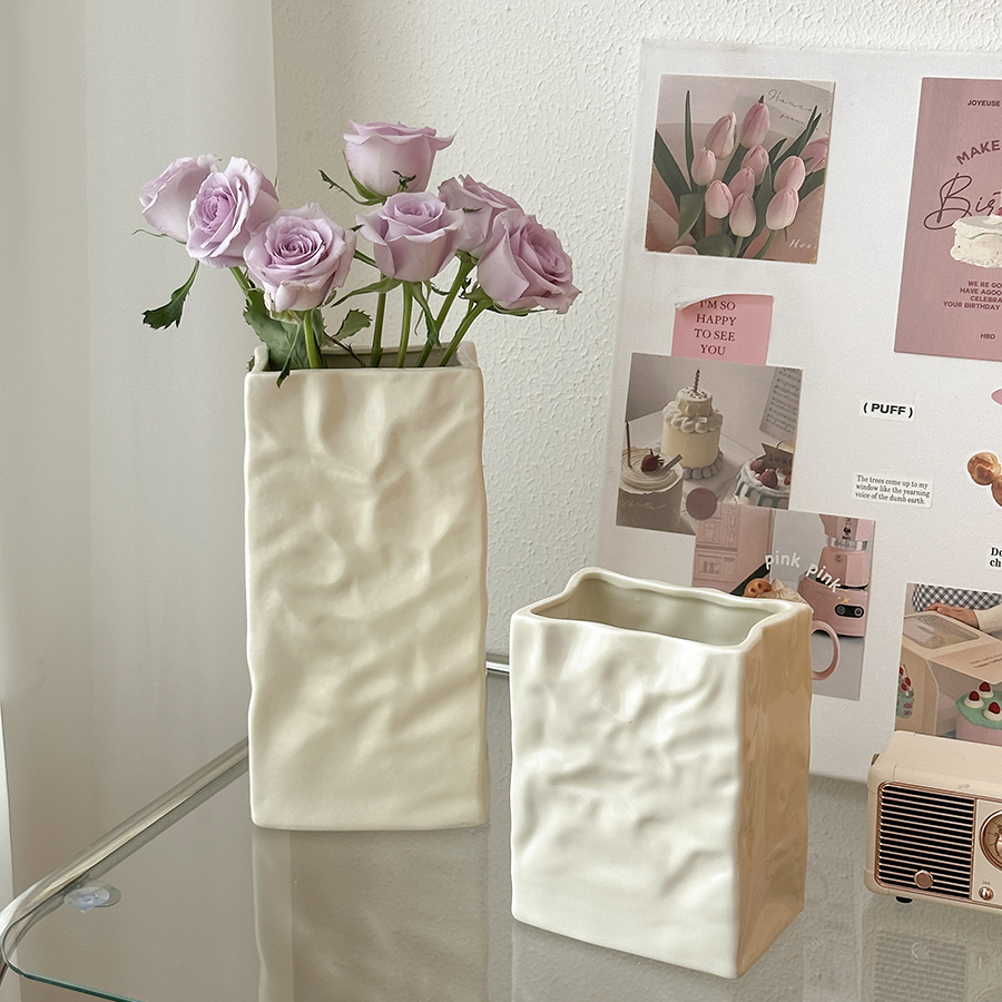Vase Pendulum pieces Living room Flower Arrangement Ceramics Advanced Sensation Flowers Dry Flowers White Rose Modern Minimalist Paper Bag Cream Wind-Taobao