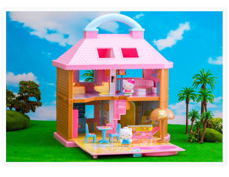 Hello kitty kitty mèo vui thế giới bãi biển nghỉ mát khách sạn biệt thự cô gái chơi nhà đồ chơi - Đồ chơi gia đình nhà búp bê