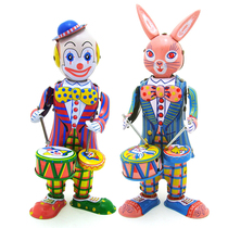 80 back nostalgic clockwork Tin Toy Shooting Props Furnishing Clown Beat Drum Robot Rabbit Beat Drum Birthday Present