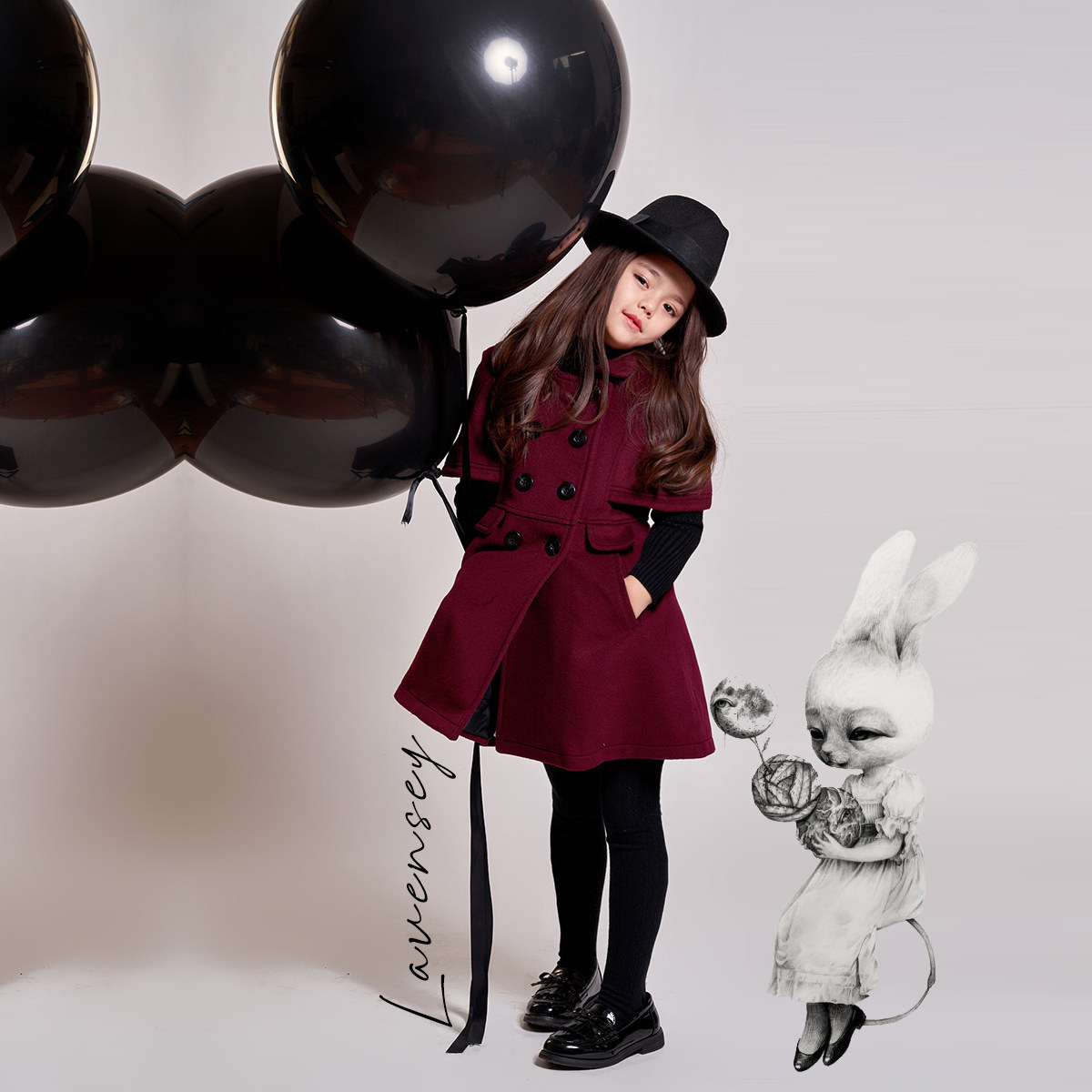 LAVENSEY2022 new autumn and winter girls' Christmas wine red cashmere coat double-breasted mid-length woolen coat