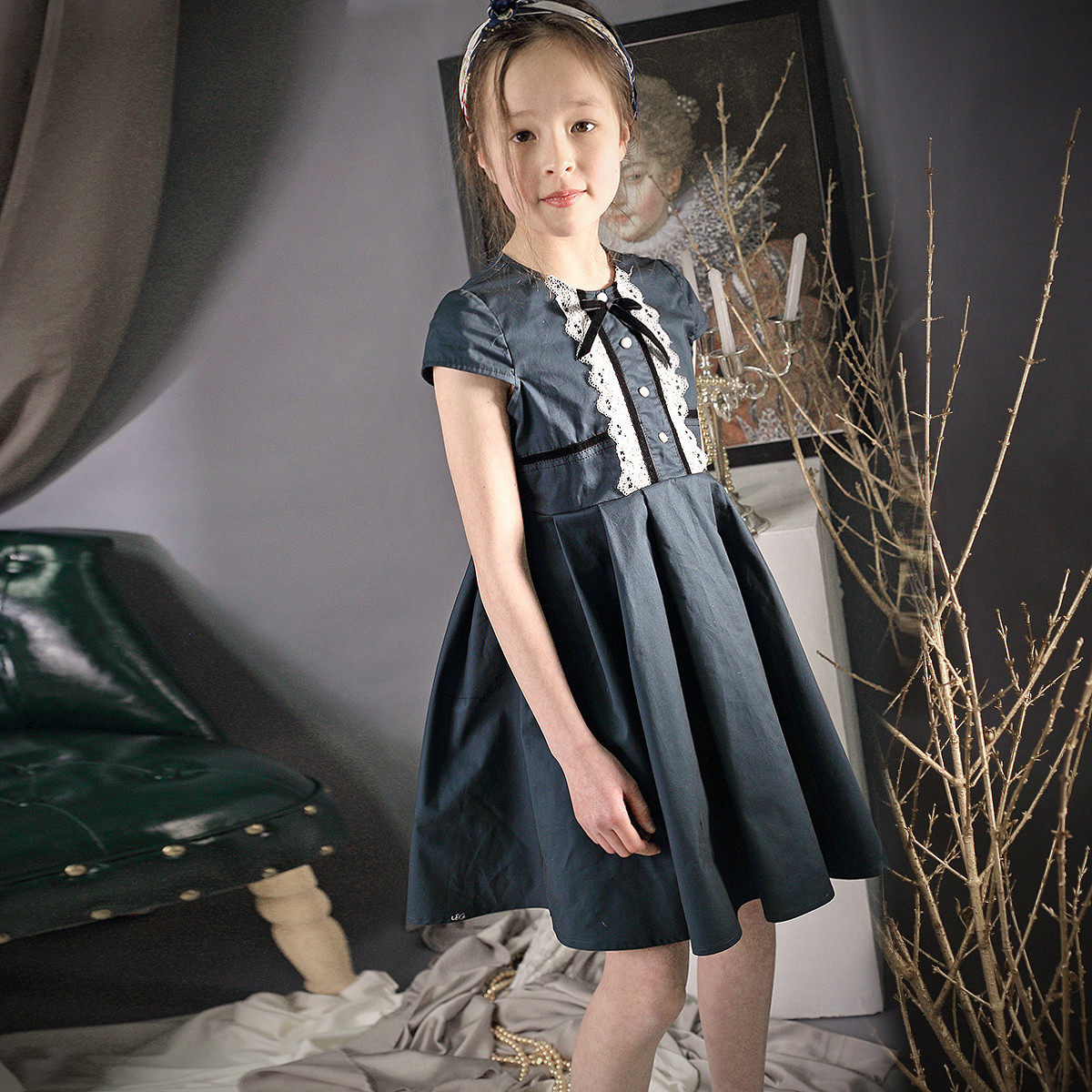 Lavensey Le Wenxi girls' clothing 2022 summer new cotton striped dress lace short-sleeved dress