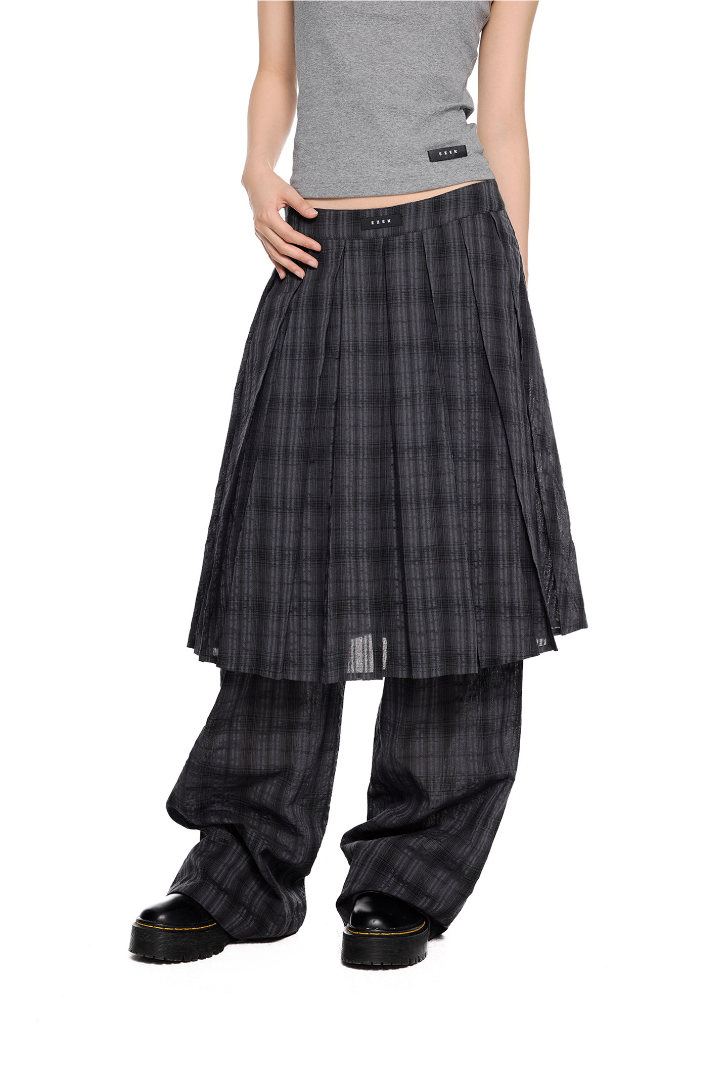 EZEK Plaid Pleated Wide-Leg Skirt Pants