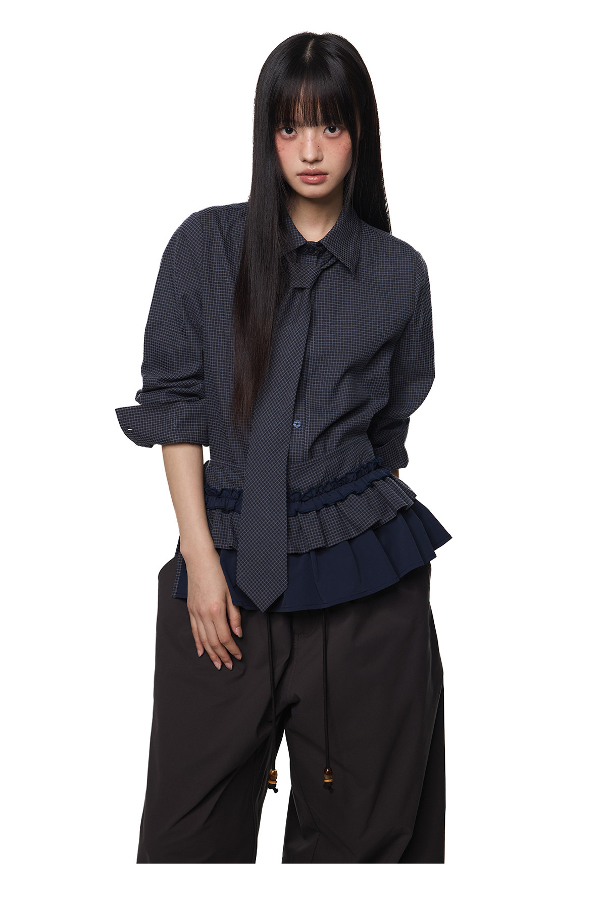 EZEK Plaid Ruffle Pleated Shirt