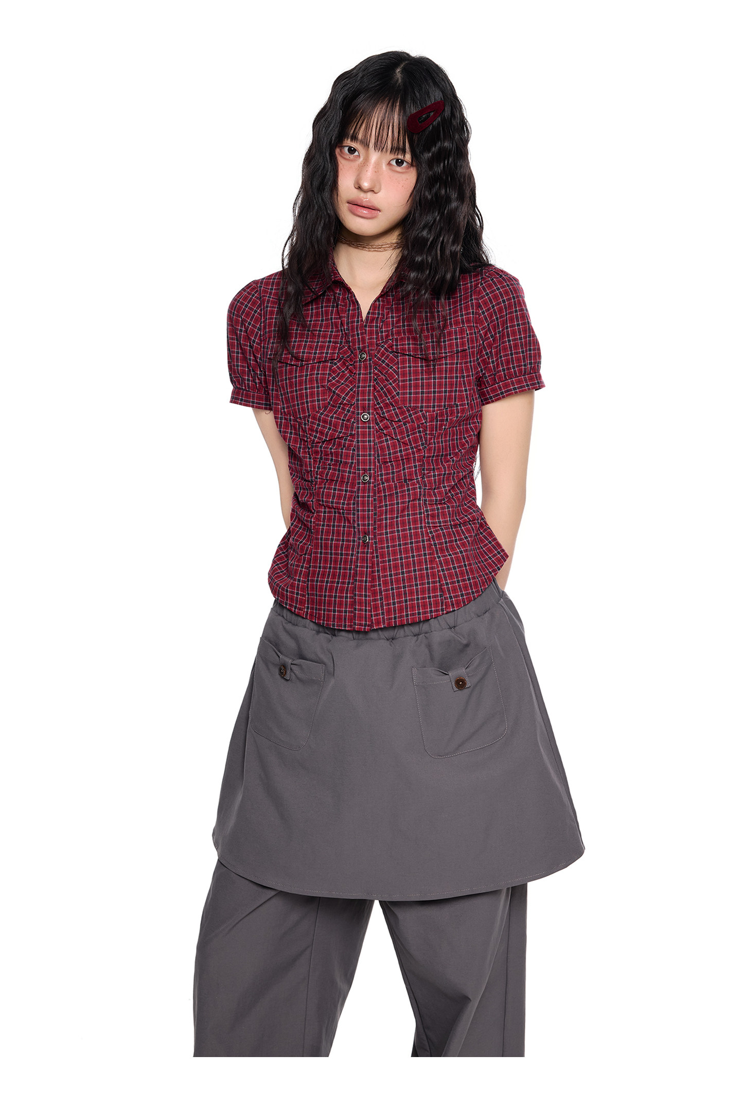 EZEK Checked Puff-Sleeve Cropped Shirt