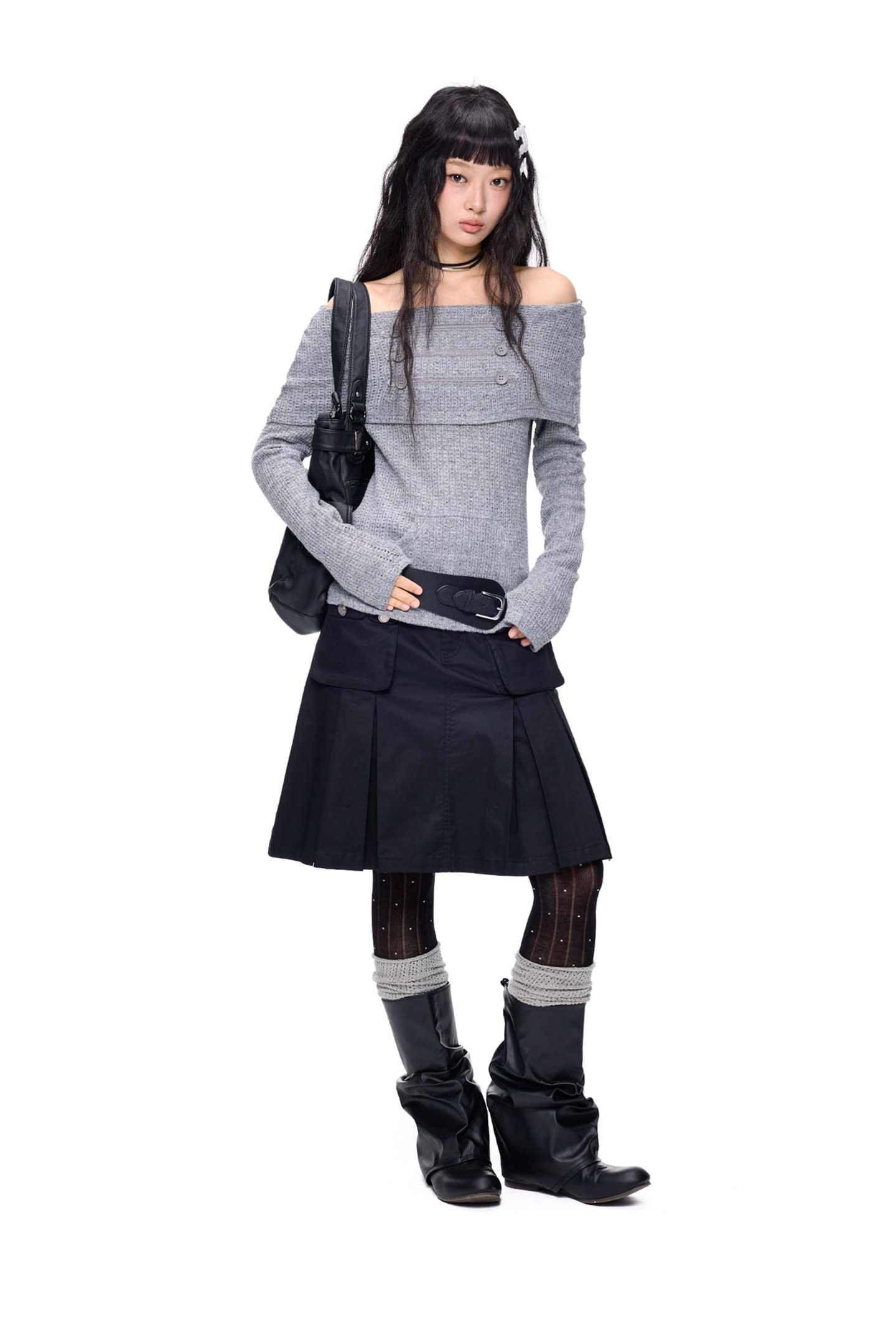 EZEK Off-Shoulder Button Knit Top