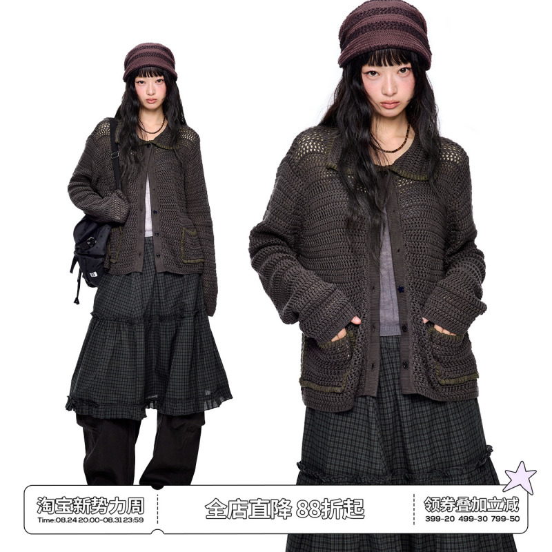Ezek Vintage-Style Elegant Polo Collar Hollow Knit Cardigan for Women, New Autumn Retro Casual Korean-Style Jacket Top Ezek Vintage-Style Elegant Polo Collar Hollow Knit Cardigan for Women, New Autumn Retro Casual Korean-Style Jacket Top
