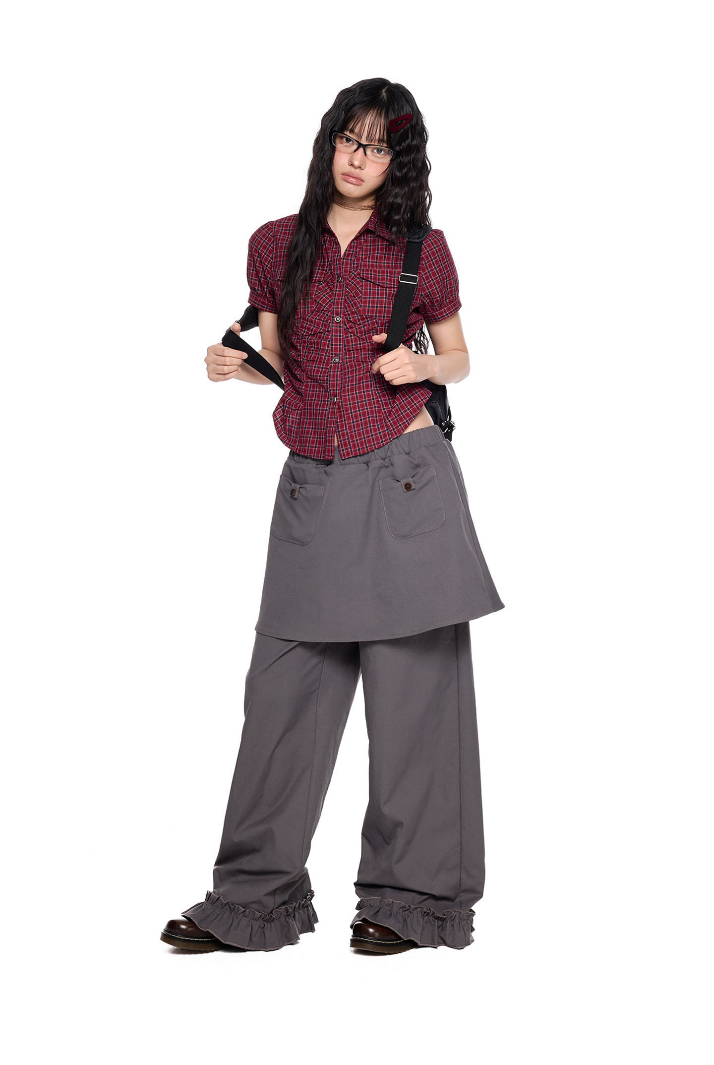 EZEK Checked Puff-Sleeve Cropped Shirt