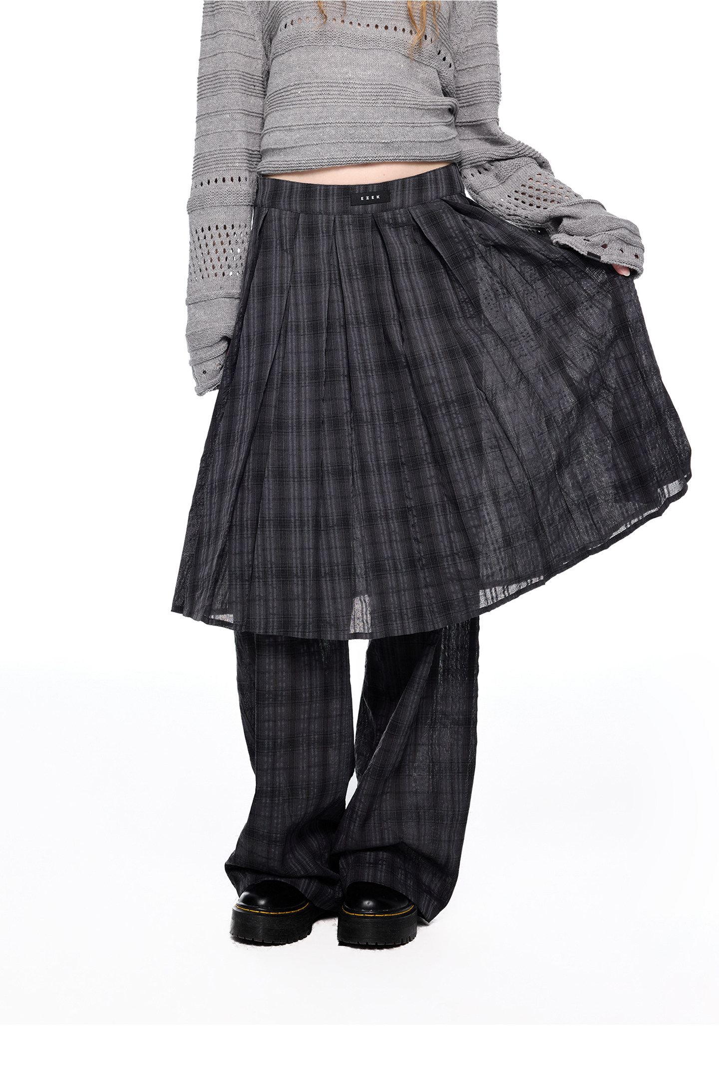 EZEK Plaid Pleated Wide-Leg Skirt Pants