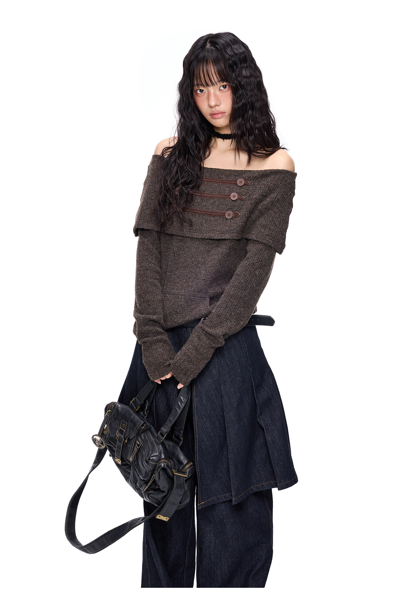 EZEK Off-Shoulder Button Knit Top