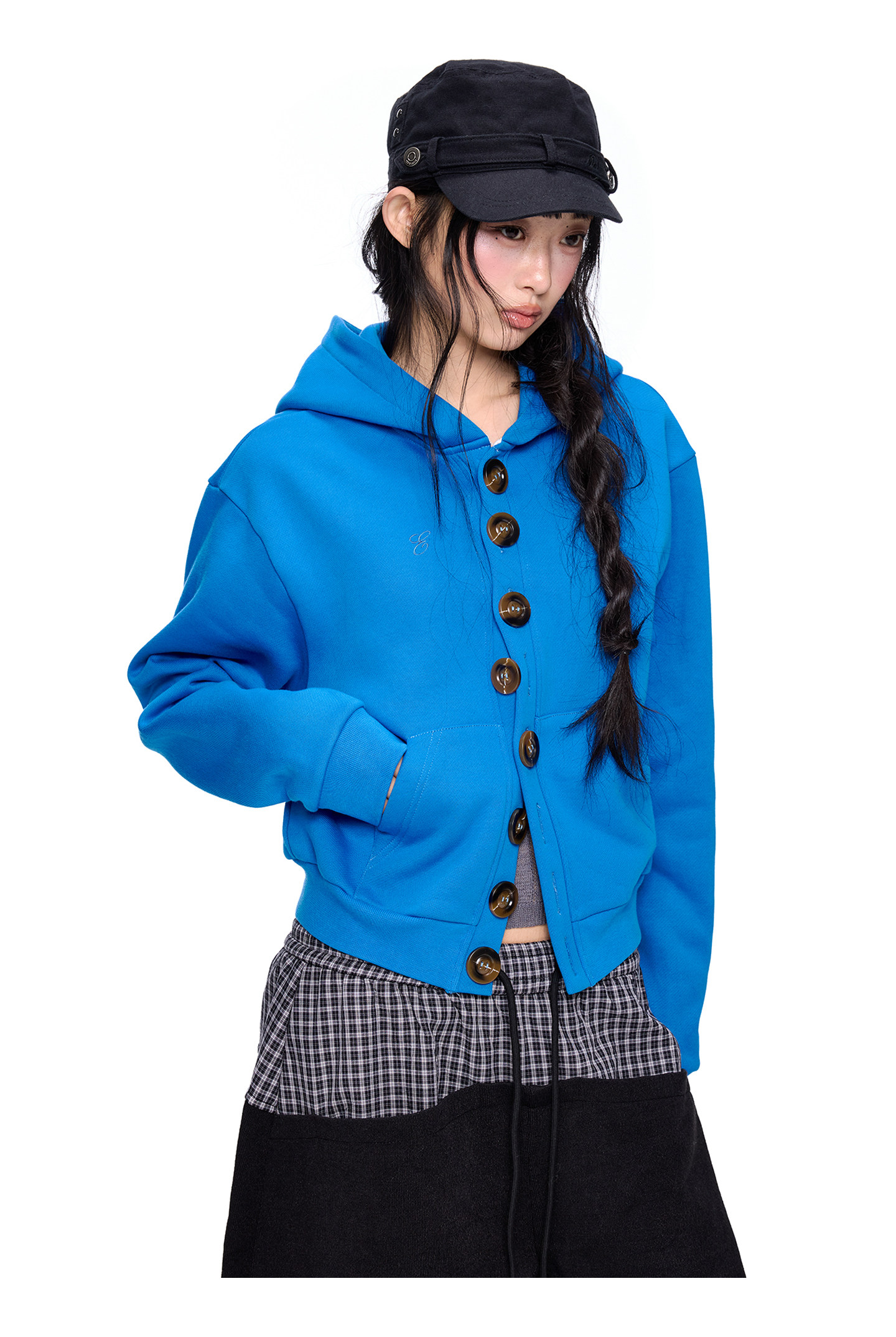 EZEK Multi-Button Embroidered Cropped Hoodie