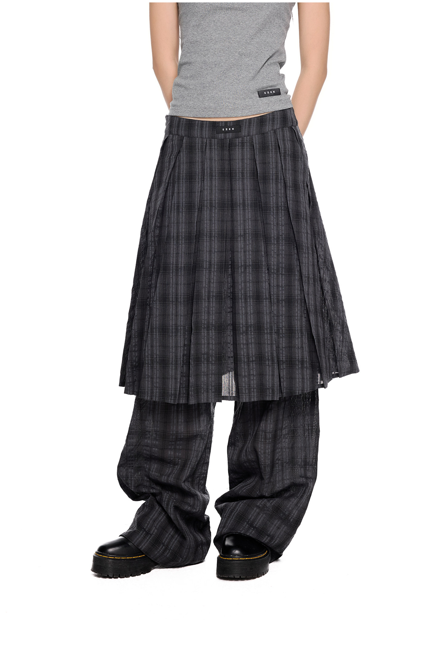 EZEK Plaid Pleated Wide-Leg Skirt Pants