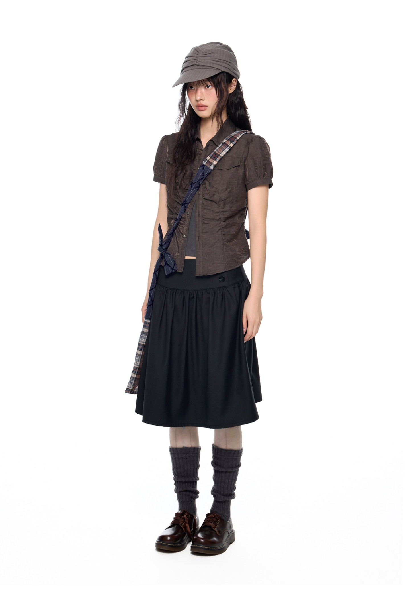 EZEK Checked Puff-Sleeve Cropped Shirt