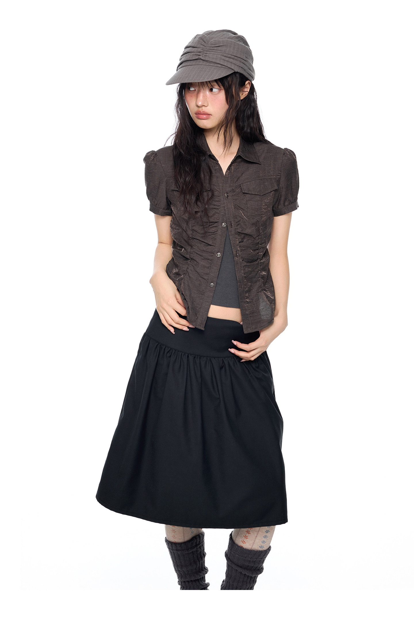 EZEK Checked Puff-Sleeve Cropped Shirt